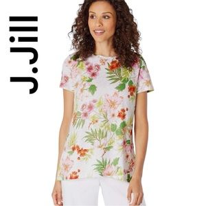 J.Jill Love Linen Gorgeous White Floral multicolor Foliage  Crossover-Hem Tee